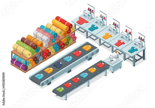 Automated garment production line with fabric rolls and sewing machines in a factory setting