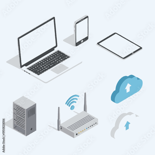 Isometric illustration of modern digital devices including a laptop, smartphone, tablet, server, and router, alongside cloud computing symbols.