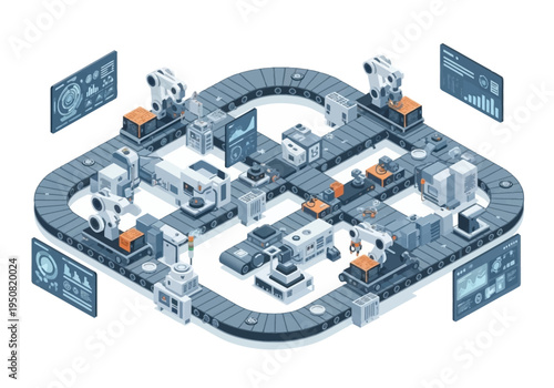 Automated Manufacturing Production Line with Robotic Arms and Digital Displays