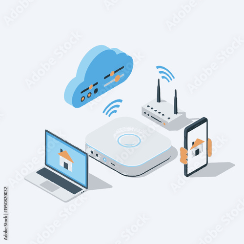 Illustration of a smart home network with a laptop, router, smartphone, and cloud server connected wirelessly, representing IoT technology.