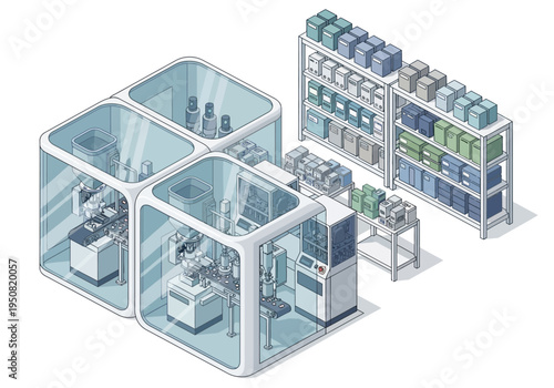 Automated Industrial Production and Storage Facility with Robotic Arms and Shelving Units