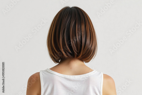 Back view of a woman with short brown hair.
