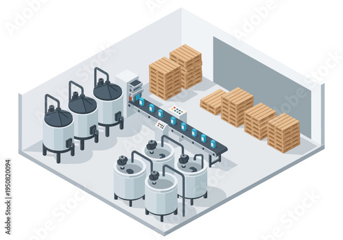 Automated Beverage Production Line with Industrial Storage and Pallets of Finished Goods