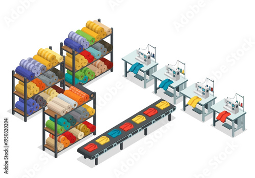 Automated textile manufacturing with fabric rolls on shelves, conveyor belt, and sewing machines