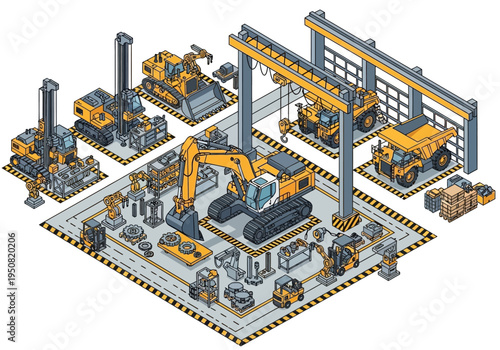 Isometric illustration of heavy construction machinery and industrial equipment in a workshop