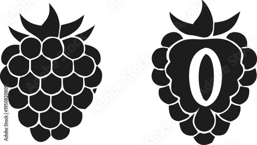 A minimalist illustration of two blackberries with one featuring a white zero symbol inside it
