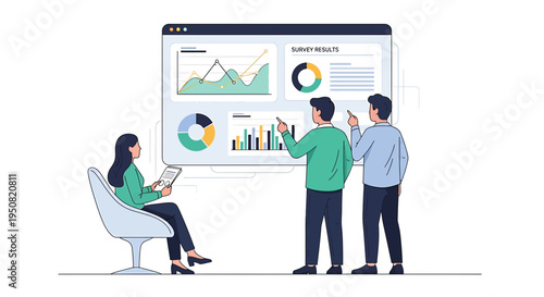 Vector illustration of people analyzing data on a large screen