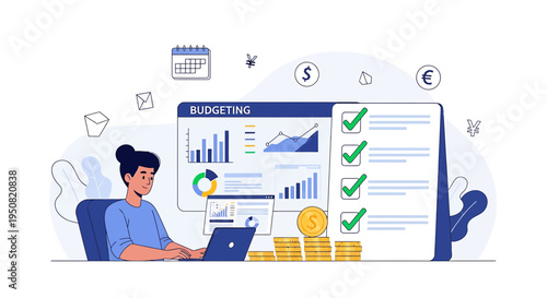 Vector illustration of man working on laptop with budgeting and finance icons