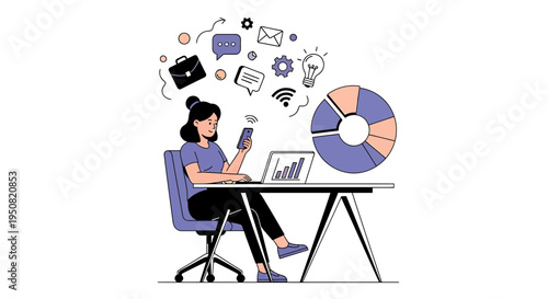 Vector illustration of woman working at desk with laptop and phone