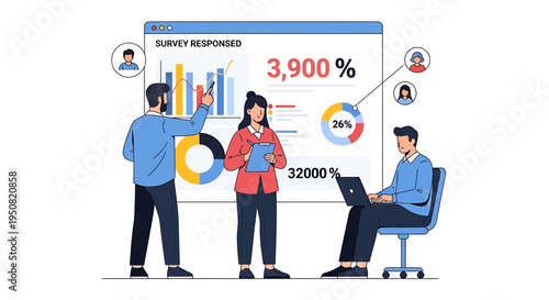 Vector illustration of 3 people analyzing data and statistics