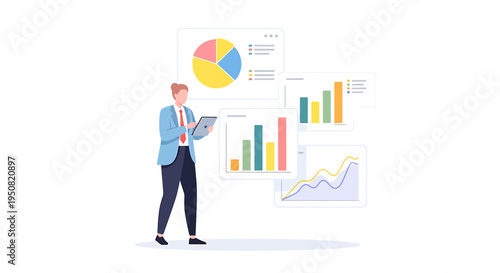 Vector illustration of businessman analyzing data charts and graphs