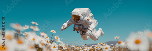 Astronaut floating above chamomile flowers under clear sky, surreal spring freedom and soft worlds emotional storytelling with strong copy space