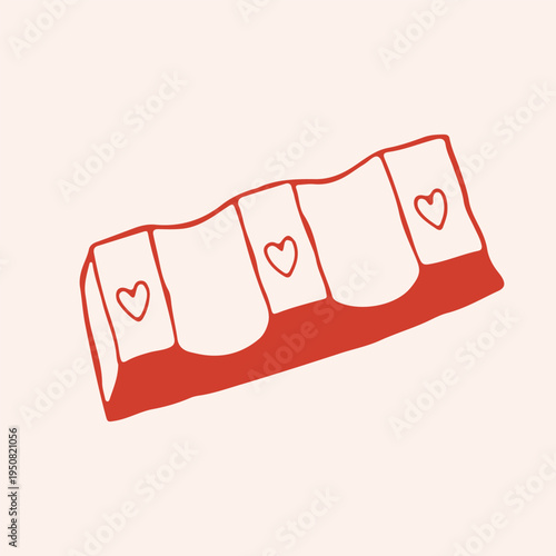 Vector illustration of a chocolate praline or candy bar with heart patterns. Hand drawn red line art of romantic sweet treat for Valentines day and wedding dessert design
