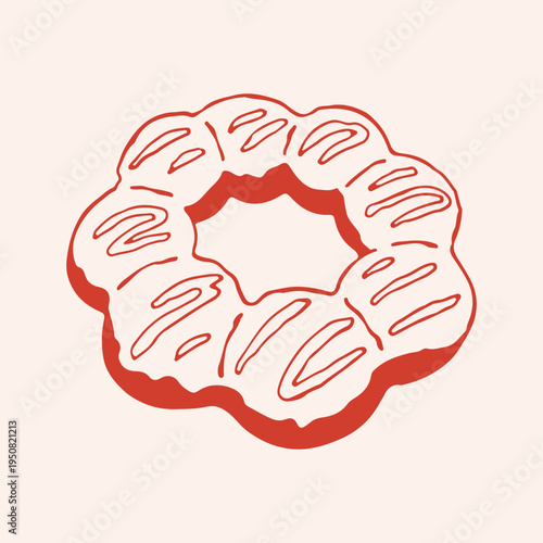 Vector illustration of a ring donut with sugar glaze or frosting. Hand drawn red line art icon of sweet pastry donut for coffee shop branding and bakery menu design