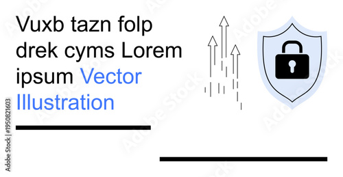 Cybersecurity, data privacy, digital protection, online safety, secure storage, encryption. Shield icon with lock and upward arrows. Cybersecurity and data privacy