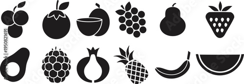 A collection of black and white fruit icons on a clean background