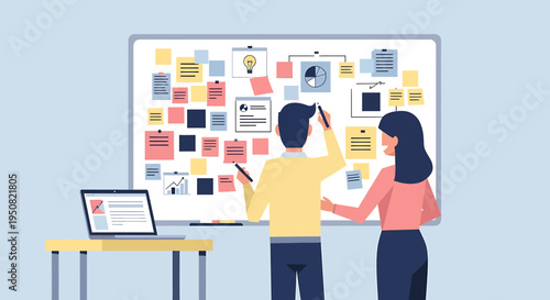 Vector illustration of business people planning on whiteboard