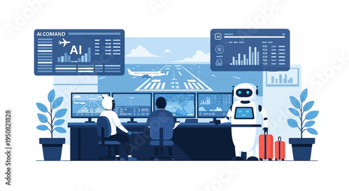 AI-powered airport control center with human operators and robots managing air traffic control and passenger services.