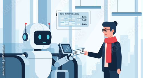 A friendly robot assists a businessman with his boarding pass at an airport check-in counter, showcasing advanced technology in travel.