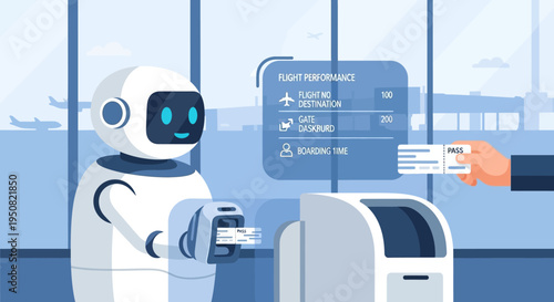 A friendly robot assists a traveler at an airport check-in counter, scanning a boarding pass.