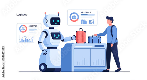 A friendly robot assists a person with luggage at a logistics checkpoint, showcasing advanced automation in travel and cargo handling.