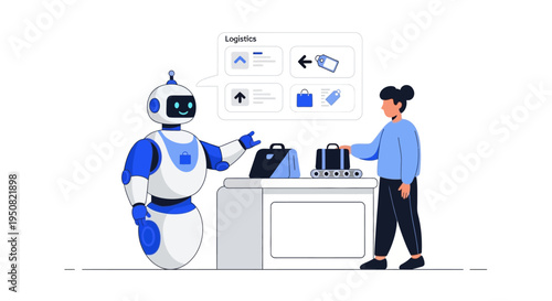 A friendly robot assists a person with luggage at a service counter, showcasing advanced logistics and automation in a modern setting.