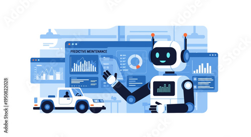AI robot analyzing data on screens for predictive maintenance of a truck, showcasing technology and data analysis.
