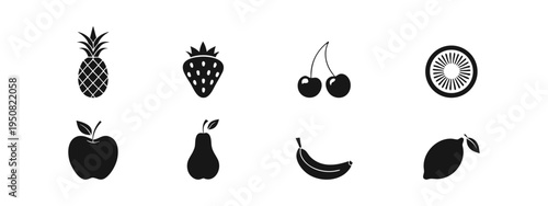 A collection of various fruit icons in black and white