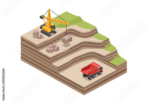 Construction scene with crane, dump truck, and layered earth, illustrating excavation and building processes