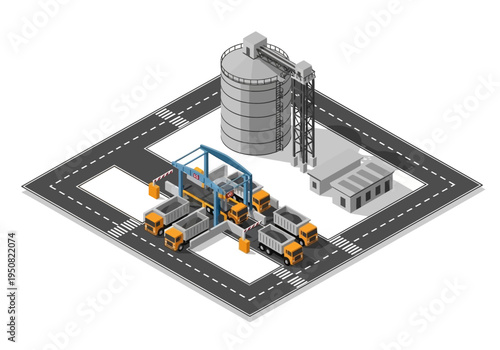 Industrial logistics concept with trucks, silos, and factory buildings in isometric view