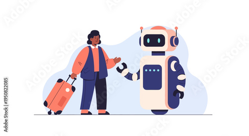 A person with a suitcase shakes hands with a friendly robot, symbolizing the integration of artificial intelligence in travel and hospitality services.