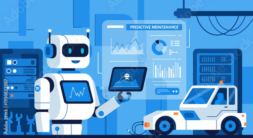 Robot with tablet analyzing data on a screen showing predictive maintenance for a vehicle in a futuristic workshop.