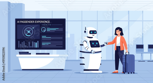A woman interacts with a friendly robot in a modern airport terminal, with an AI passenger experience display in the background.