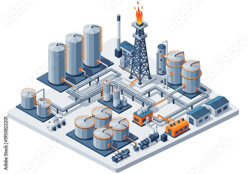 Industrial complex with storage tanks, pipelines, and a flare stack, representing energy production and refining processes