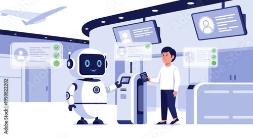 A friendly robot assists a young boy at an airport self-check-in kiosk, with digital displays showing passenger information and an airplane in the background.
