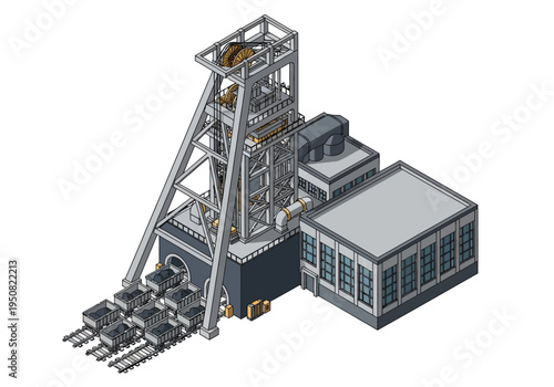 Isometric illustration of a mining facility with multiple ore carts ready for transport