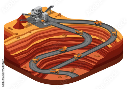 Industrial mining operation with trucks, excavation, and extraction of raw materials from open-pit mine