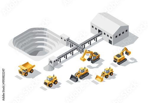 Isometric construction site with mining equipment and industrial buildings for resource extraction and heavy industry