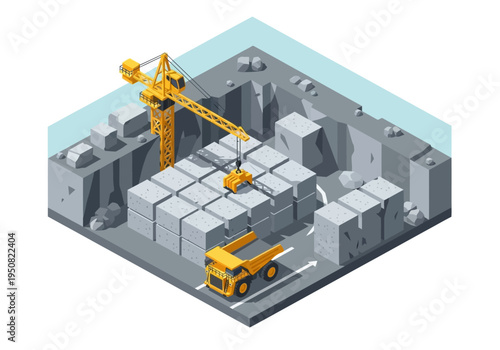 Construction site with heavy machinery, industrial crane and dump truck excavating and moving materials in a quarry