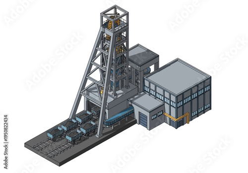 Industrial mine shaft headframe with mining carts and adjacent building