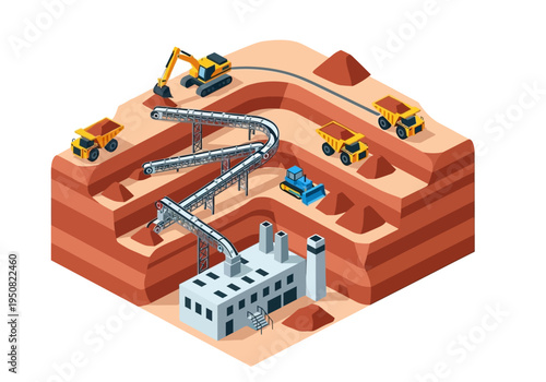 Industrial mining operations with excavators, dump trucks, and conveyor belts showing raw material extraction and processing