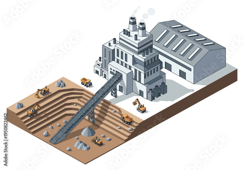 Industrial mining operation with heavy machinery extracting minerals from a quarry