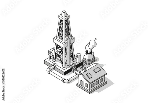 Oil rig and refinery facility with smoke billowing from the chimney, representing the oil and gas industry