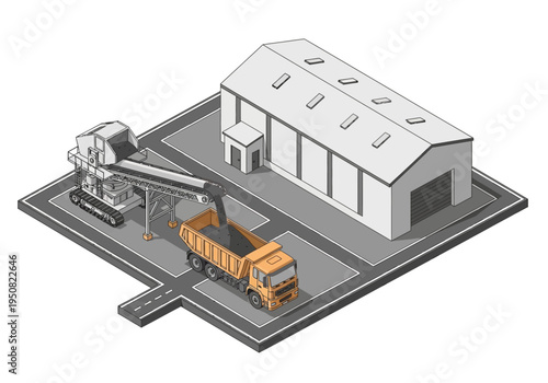 Isometric illustration of a construction site with a truck, conveyor belt, and building