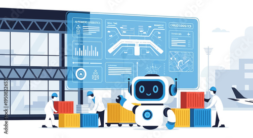 Robots and humans collaborate in a futuristic industrial setting, managing logistics and data on a large interactive screen.