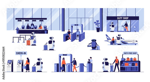 Robots assisting passengers with luggage, check-in, and security at a modern airport terminal.