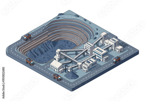 Industrial mining complex with trucks on a road leading into a large open-pit mine