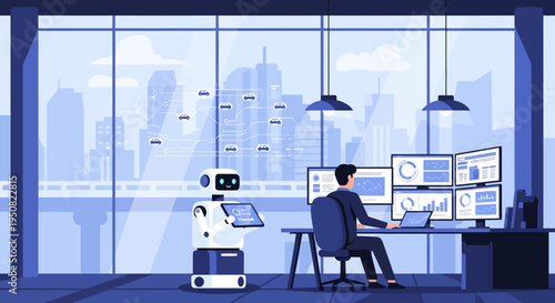 A businessman works at a desk with multiple monitors while a robot stands nearby in a modern office with a city view.