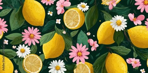 Vibrant lemon and floral pattern on dark green background