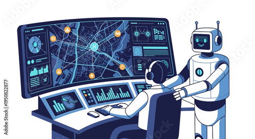 A robot assists a human operator at a futuristic control center with a large curved display showing a complex map and data visualizations.